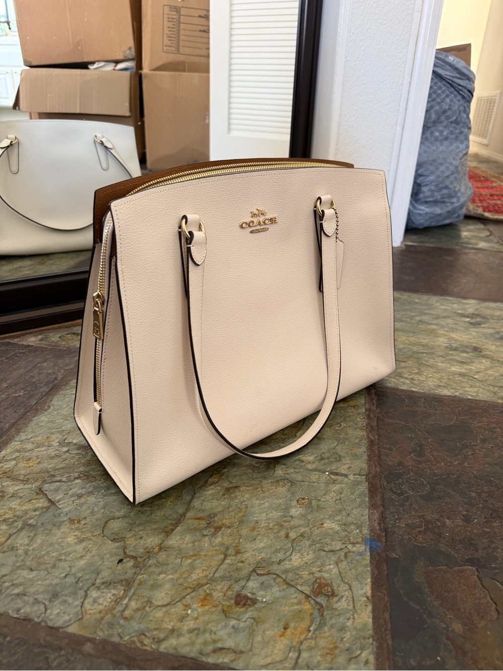 Coach Leather tote in cream and Brown Trim